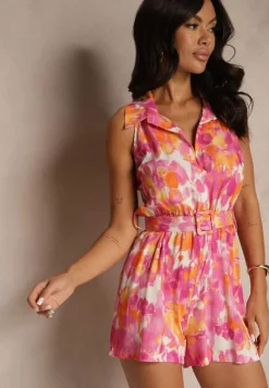 Fuksjowy Koszulowy Kombinezon Bez Rękawów z Wiskozą z Paskiem Tolinassa