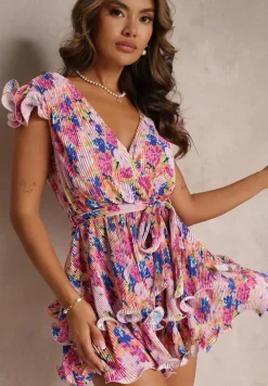 Fuksjowy Kwiecisty Kombinezon z Krótkimi Nogawkami i Materiałowym Paskiem Iljana