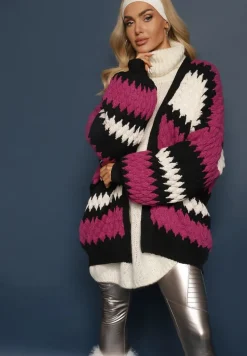 Fuksjowy Luźny Kardigan Niezapinany w Ozdobne Paski Adocca