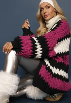 Fuksjowy Luźny Kardigan Niezapinany w Ozdobne Paski Adocca