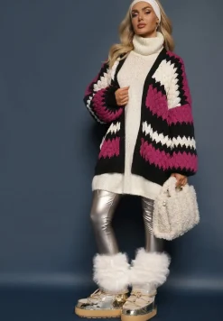 Fuksjowy Luźny Kardigan Niezapinany w Ozdobne Paski Adocca