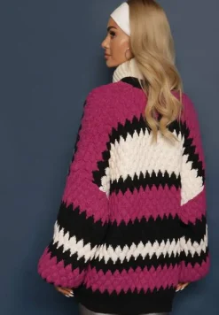 Fuksjowy Luźny Kardigan Niezapinany w Ozdobne Paski Adocca