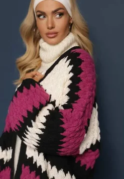 Fuksjowy Luźny Kardigan Niezapinany w Ozdobne Paski Adocca