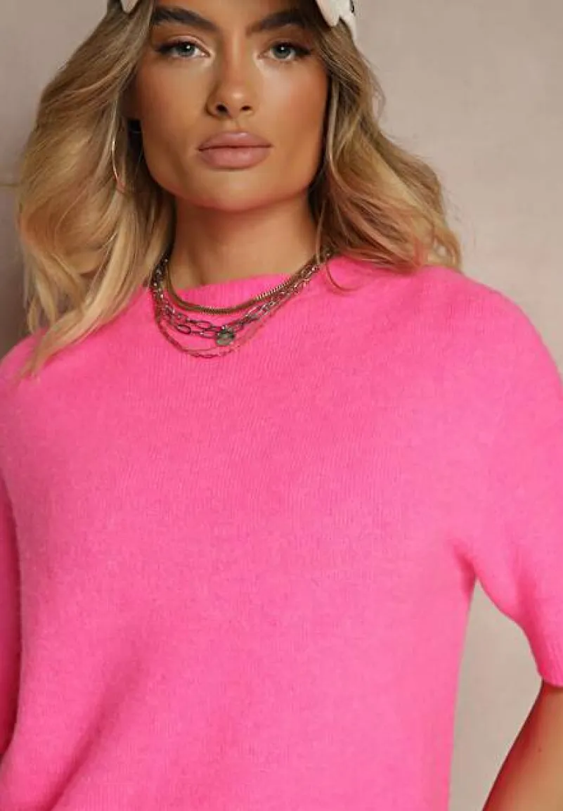 Fuksjowy Sweter o Fasonie T-shirtu z Wełną Dannirae