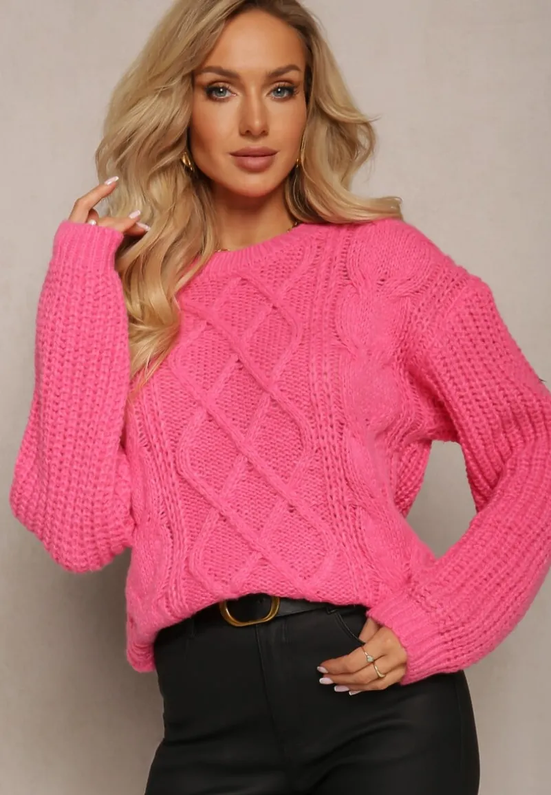 Fuksjowy Sweter z Długim Rękawem i Ozdobnym Splotem Porafio