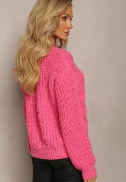 Fuksjowy Sweter z Długim Rękawem i Ozdobnym Splotem Porafio