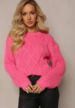 Fuksjowy Sweter z Długim Rękawem i Ozdobnym Splotem Porafio