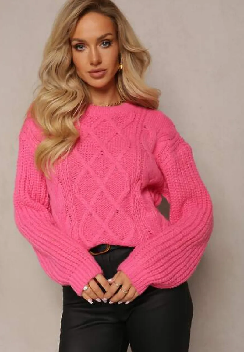 Fuksjowy Sweter z Długim Rękawem i Ozdobnym Splotem Porafio