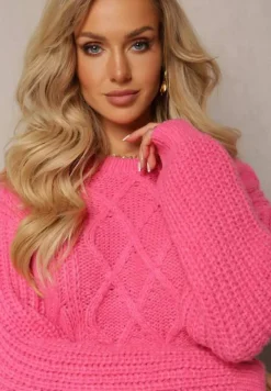 Fuksjowy Sweter z Długim Rękawem i Ozdobnym Splotem Porafio