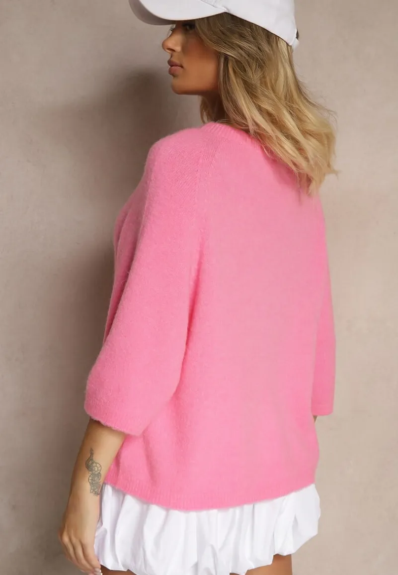 Fuksjowy Sweter z Rękawami 3/4 z Wełną Dannalin