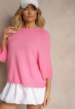 Fuksjowy Sweter z Rękawami 3/4 z Wełną Dannalin