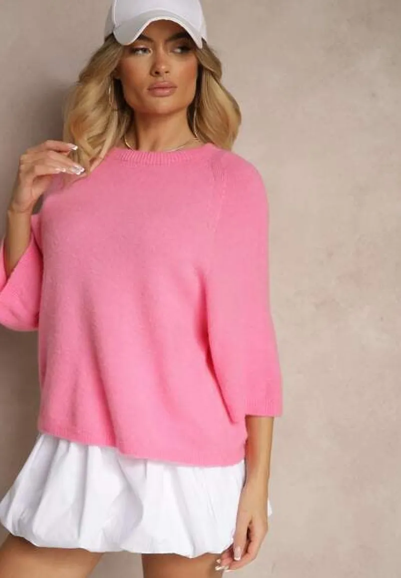 Fuksjowy Sweter z Rękawami 3/4 z Wełną Dannalin