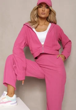 Fuksjowy Sztruksowy Komplet Dresowy Luźne Spodnie i Rozpinana Bluza z Kapturem Compia
