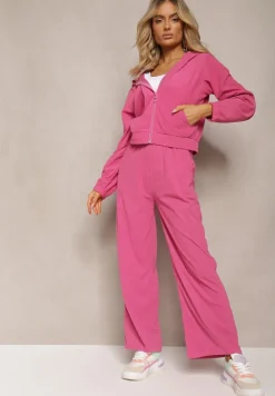 Fuksjowy Sztruksowy Komplet Dresowy Luźne Spodnie i Rozpinana Bluza z Kapturem Compia