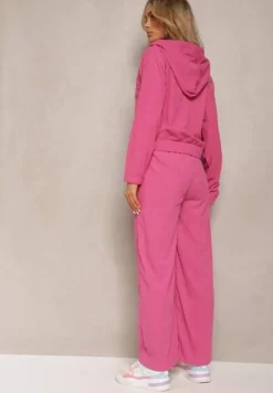 Fuksjowy Sztruksowy Komplet Dresowy Luźne Spodnie i Rozpinana Bluza z Kapturem Compia