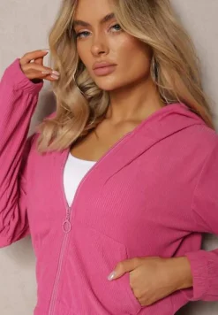 Fuksjowy Sztruksowy Komplet Dresowy Luźne Spodnie i Rozpinana Bluza z Kapturem Compia