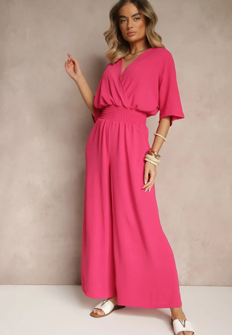 Fuksjowy Taliowany Kombinezon z Zakładkowym Dekoltem i Gumką w Pasie Vimalynna