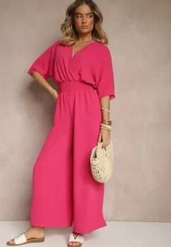 Fuksjowy Taliowany Kombinezon z Zakładkowym Dekoltem i Gumką w Pasie Vimalynna