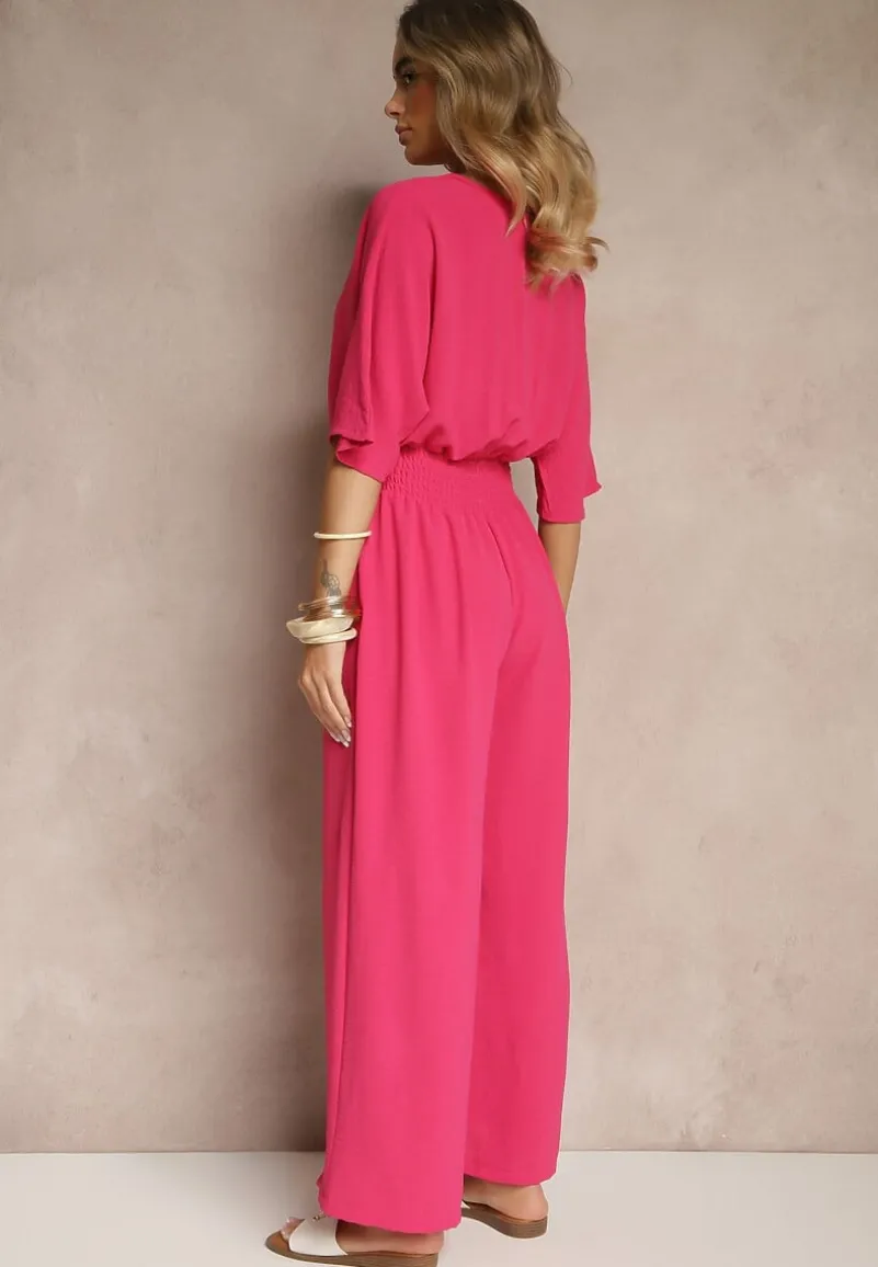 Fuksjowy Taliowany Kombinezon z Zakładkowym Dekoltem i Gumką w Pasie Vimalynna