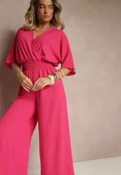 Fuksjowy Taliowany Kombinezon z Zakładkowym Dekoltem i Gumką w Pasie Vimalynna