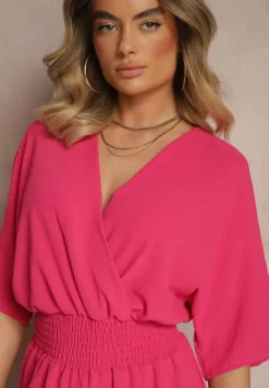 Fuksjowy Taliowany Kombinezon z Zakładkowym Dekoltem i Gumką w Pasie Vimalynna