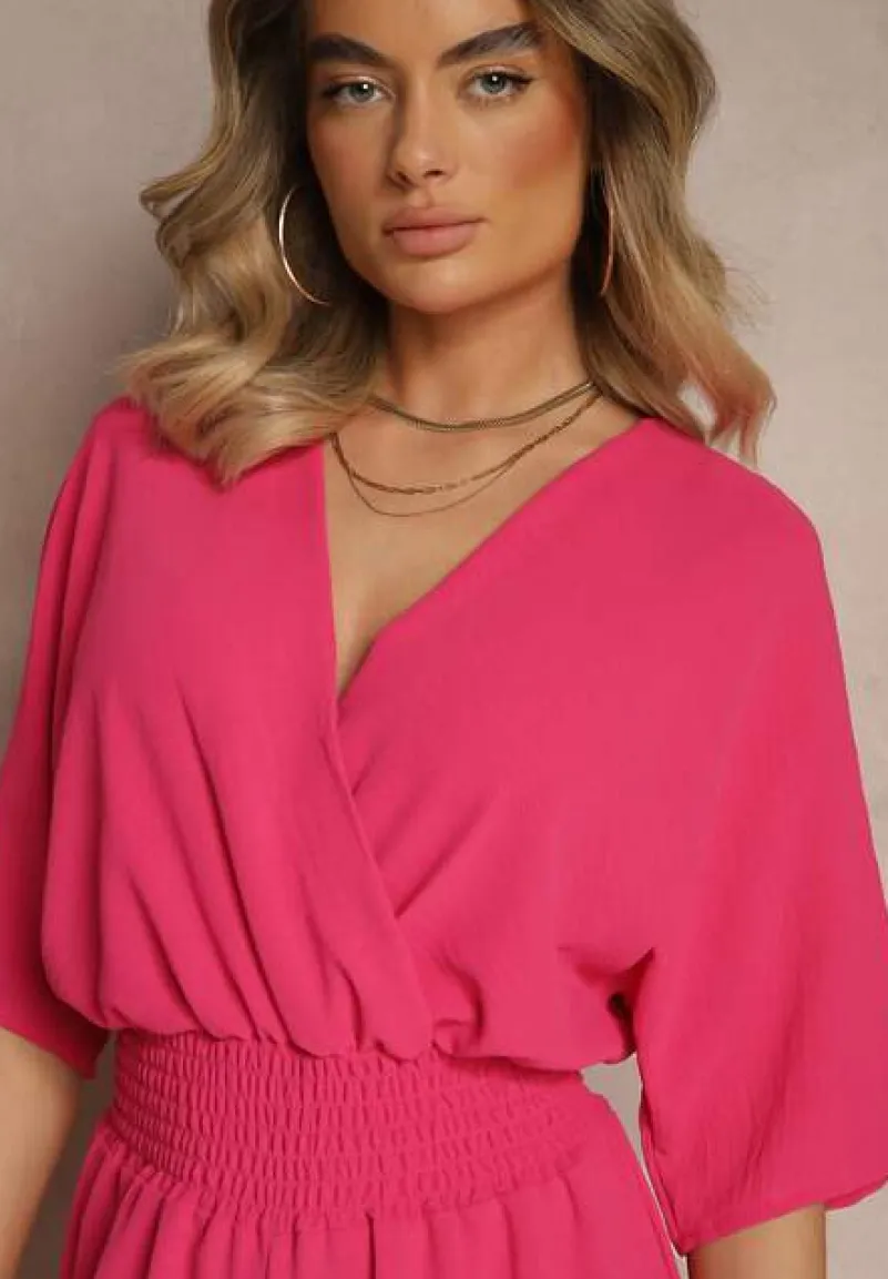 Fuksjowy Taliowany Kombinezon z Zakładkowym Dekoltem i Gumką w Pasie Vimalynna