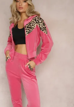 Fuksjowy Welurowy Komplet Dresowy 2-Częściowy z Animal Print Bluza i Spodnie Atisilva