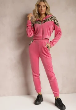 Fuksjowy Welurowy Komplet Dresowy 2-Częściowy z Animal Print Bluza i Spodnie Atisilva