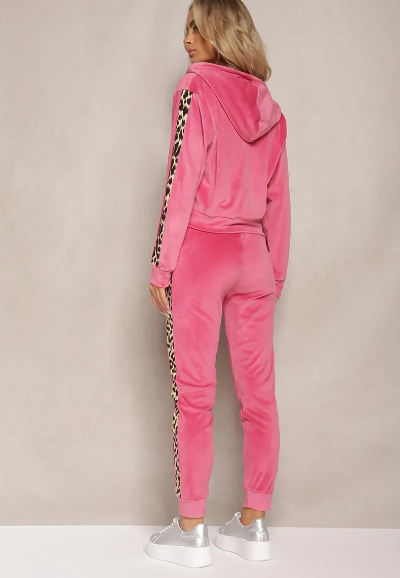 Fuksjowy Welurowy Komplet Dresowy Ozdobiony Lampasami w Cętki Anilwo