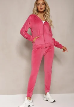 Fuksjowy Welurowy Komplet z Cekinami Rozpinana Bluza z Kapturem i Spodnie ze Ściągaczami Natitia