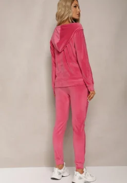 Fuksjowy Welurowy Komplet z Cekinami Rozpinana Bluza z Kapturem i Spodnie ze Ściągaczami Natitia