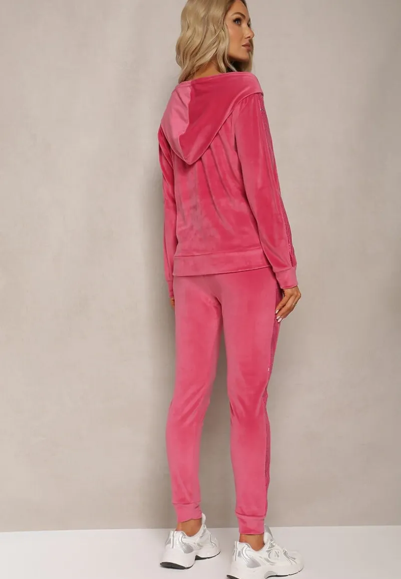 Fuksjowy Welurowy Komplet z Cekinami Rozpinana Bluza z Kapturem i Spodnie ze Ściągaczami Natitia