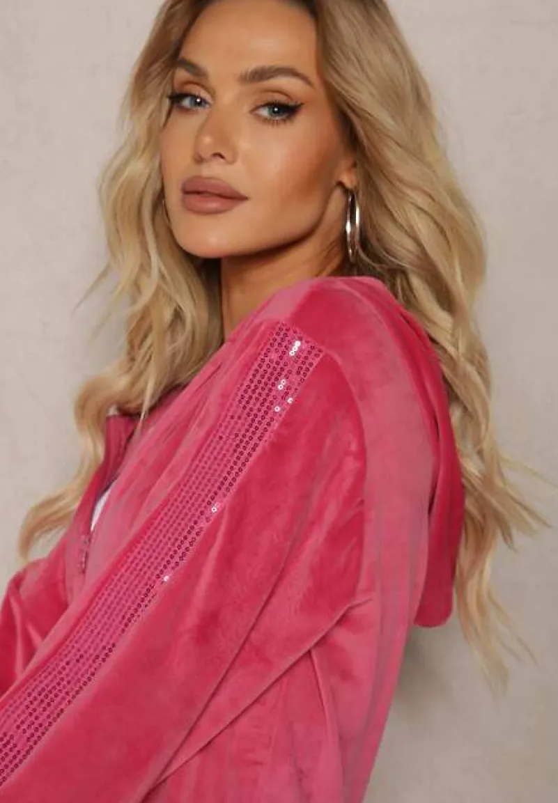 Fuksjowy Welurowy Komplet z Cekinami Rozpinana Bluza z Kapturem i Spodnie ze Ściągaczami Natitia