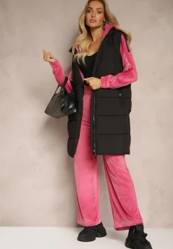 Fuksjowy Welurowy Komplet Dresowy Bluza z Kapturem i Spodnie Typu Jogger z Lampasem Florira