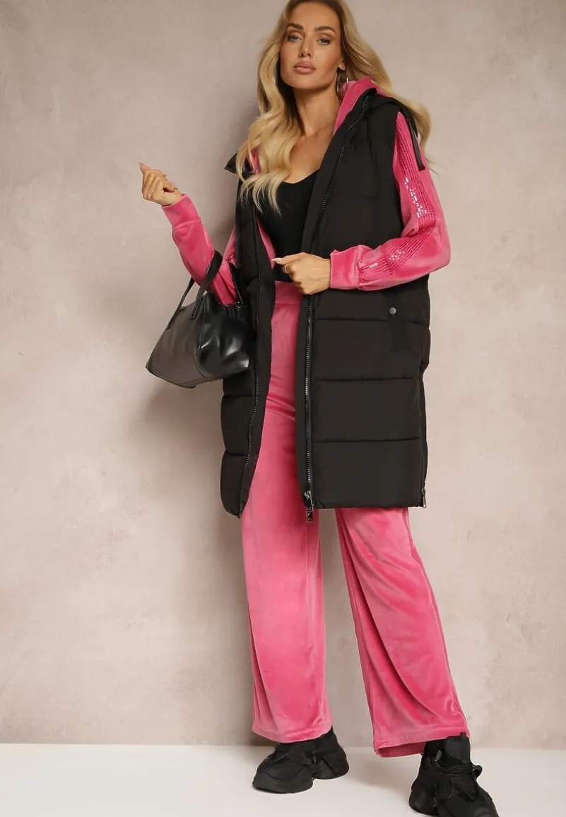 Fuksjowy Welurowy Komplet Dresowy Bluza z Kapturem i Spodnie Typu Jogger z Lampasem Florira