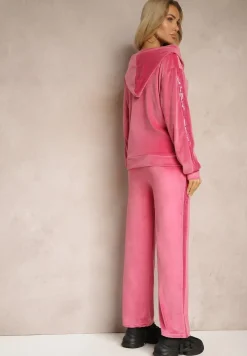 Fuksjowy Welurowy Komplet Dresowy Bluza z Kapturem i Spodnie Typu Jogger z Lampasem Florira