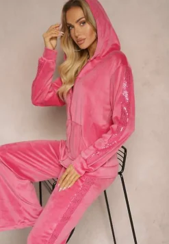 Fuksjowy Welurowy Komplet Dresowy Bluza z Kapturem i Spodnie Typu Jogger z Lampasem Florira