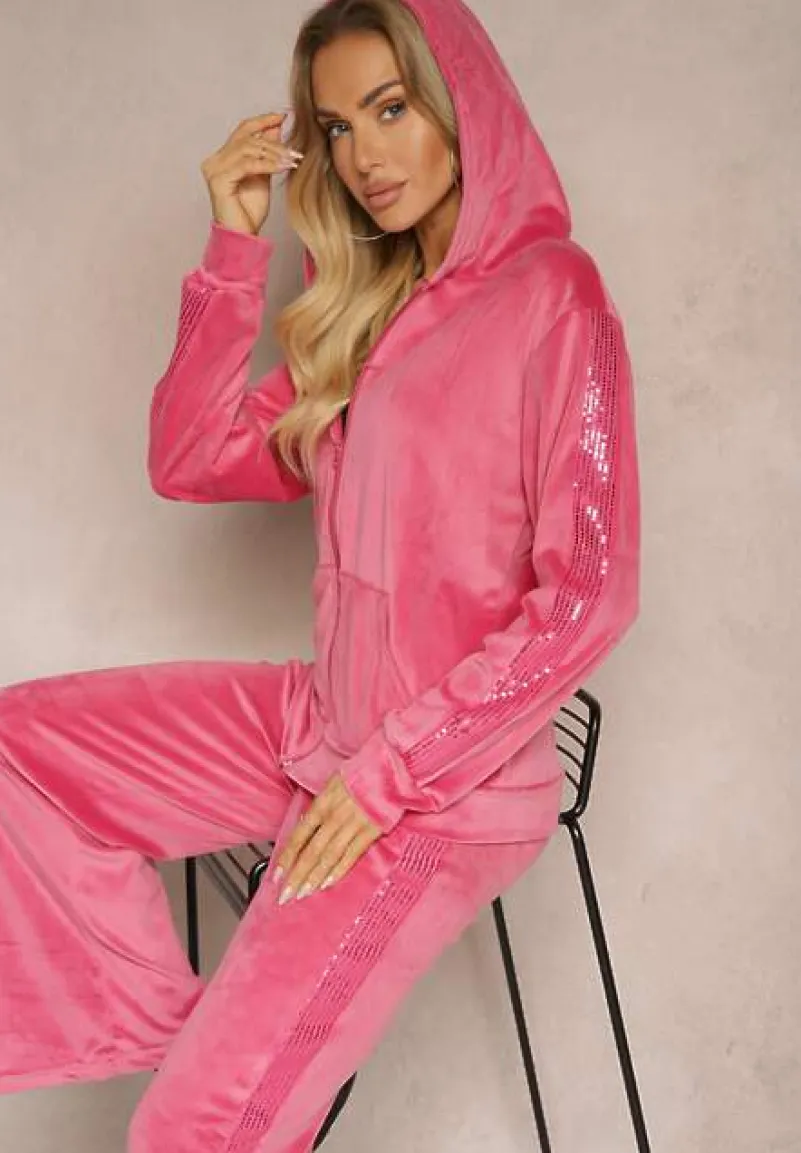 Fuksjowy Welurowy Komplet Dresowy Bluza z Kapturem i Spodnie Typu Jogger z Lampasem Florira