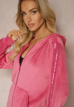 Fuksjowy Welurowy Komplet Dresowy Bluza z Kapturem i Spodnie Typu Jogger z Lampasem Florira