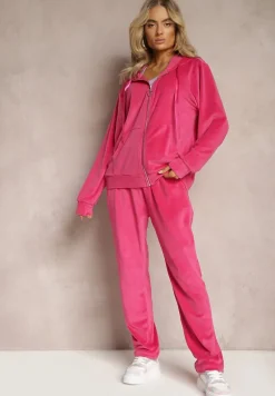 Fuksjowy Welurowy Komplet Dresowy Zasuwana Bluza z Kapturem i Szerokie Spodnie Belphobe