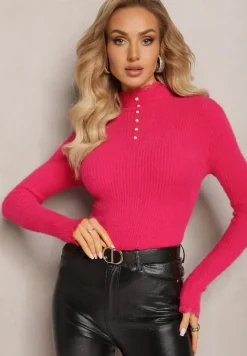 Fuksjowy Wełniany Golf na Perłowe Guziki z Ozdobną Koronką Hejsunna