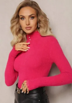 Fuksjowy Wełniany Golf na Perłowe Guziki z Ozdobną Koronką Hejsunna