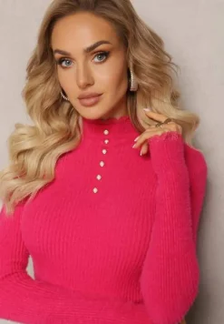 Fuksjowy Wełniany Golf na Perłowe Guziki z Ozdobną Koronką Hejsunna