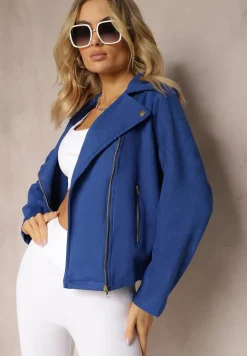 Granatowa Asymetryczna Kurtka Ramoneska z Imitacji Zamszu Kmiya