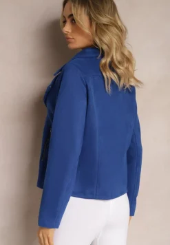 Granatowa Asymetryczna Kurtka Ramoneska z Imitacji Zamszu Kmiya