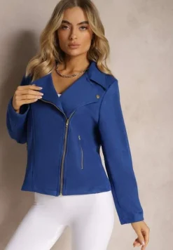 Granatowa Asymetryczna Kurtka Ramoneska z Imitacji Zamszu Kmiya