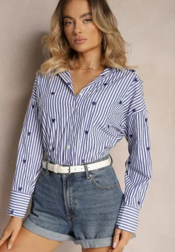 Granatowa Bawełniana Koszula Ozdobiona Wzorem w Cienkie Paski i Serduszka Vatille