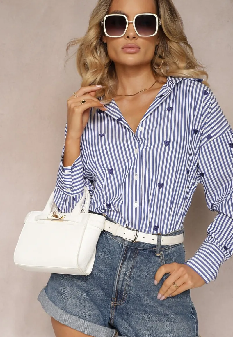 Granatowa Bawełniana Koszula Ozdobiona Wzorem w Cienkie Paski i Serduszka Vatille