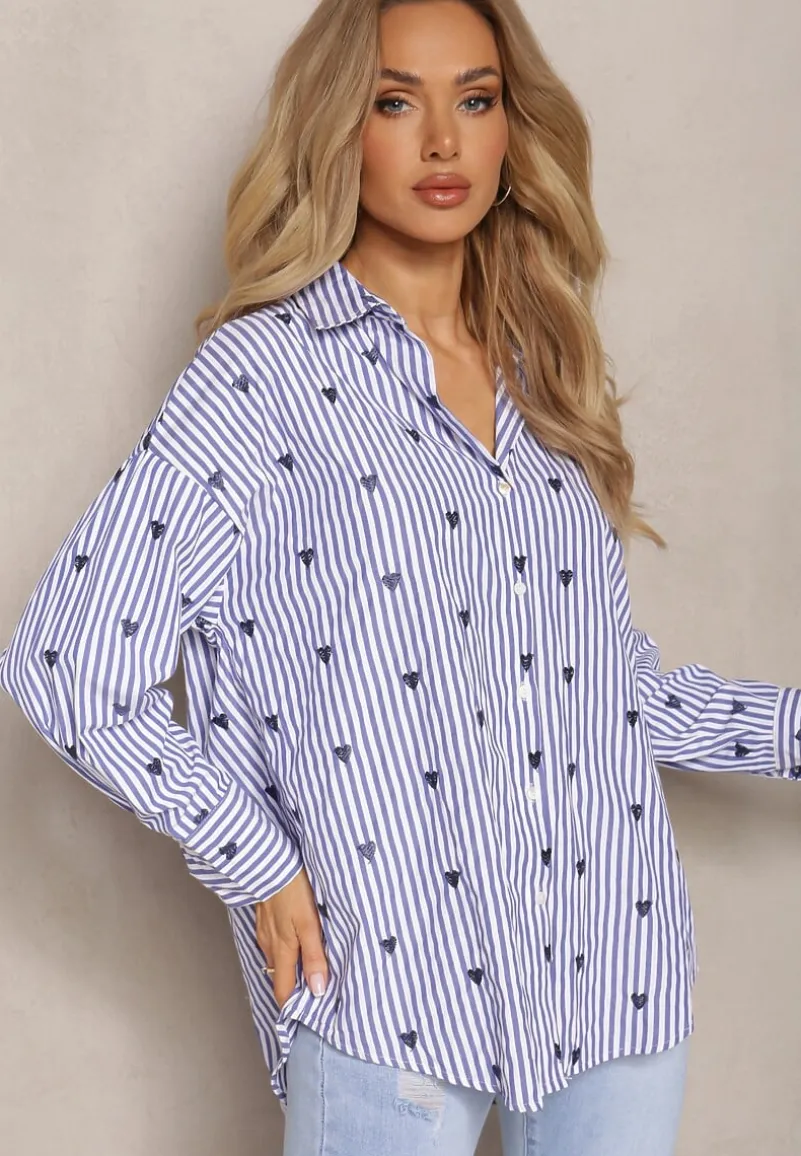 Granatowa Bawełniana Koszula Ozdobiona Wzorem w Cienkie Paski i Serduszka Vatille
