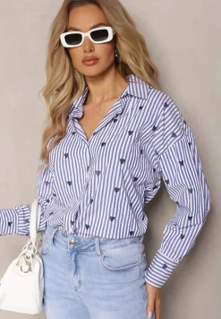 Granatowa Bawełniana Koszula Ozdobiona Wzorem w Cienkie Paski i Serduszka Vatille